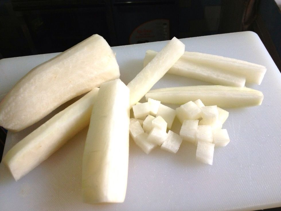 Cut into slices and cut into cubes. I like to have them small so my cubes would be 0.5cm  cube.
