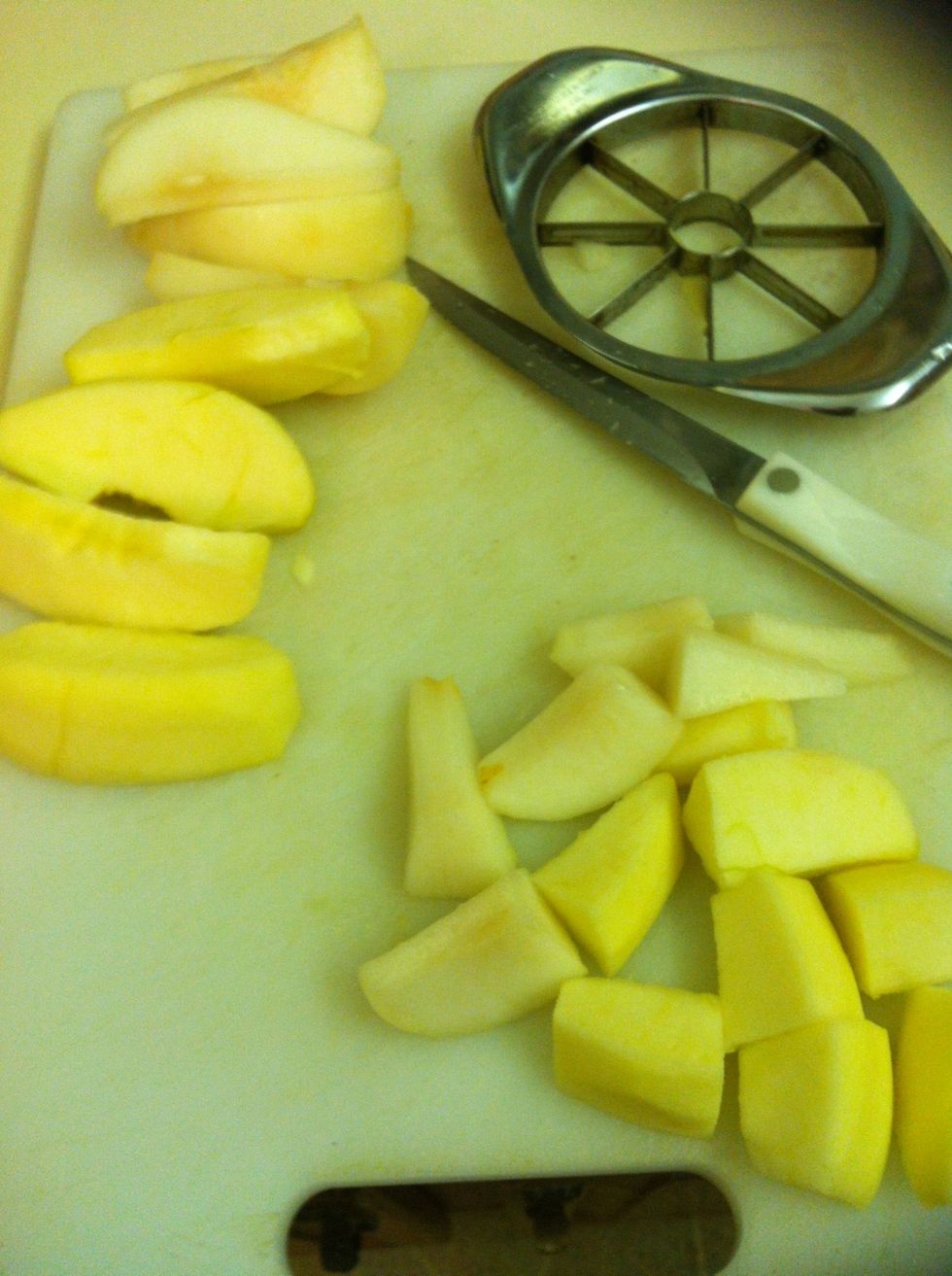 Cut into smaller pieces, easier to blend. (feel free to add more than just 1/2 apple/pear if you prefer more apple/pear taste)