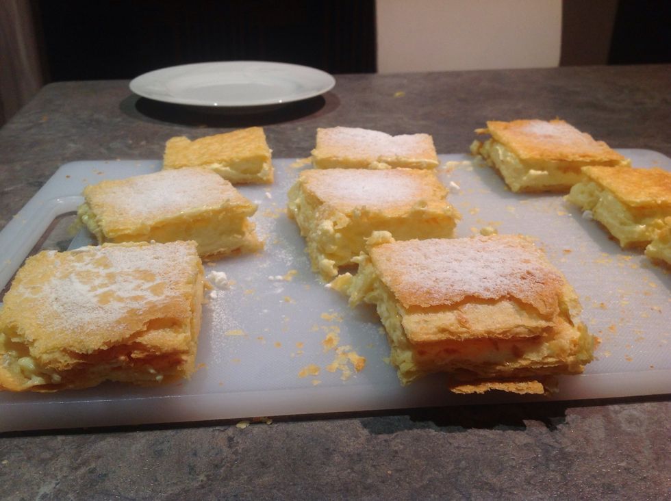Cut into squares and sift icing sugar on top
