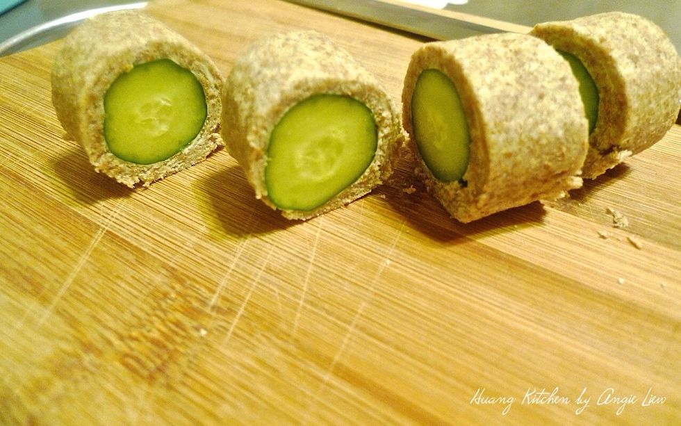 Cut into sushi size sandwich roll.