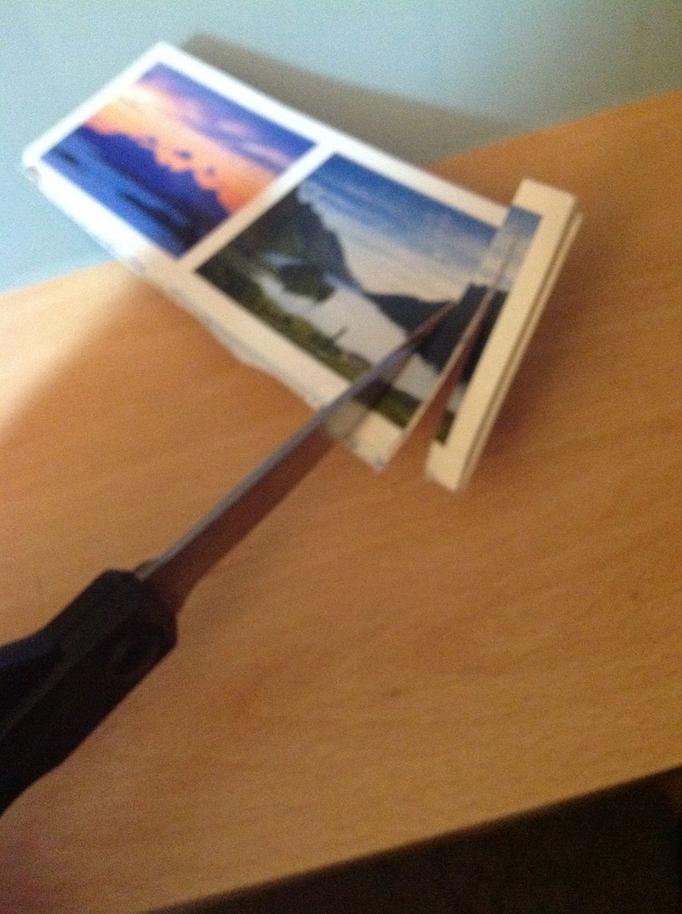 Cut into the postcard, start from the folded side then alternate sides. Be careful to leave 1cm at the end. The closer the cuts are to each other, the larger the hole for you to walk through.