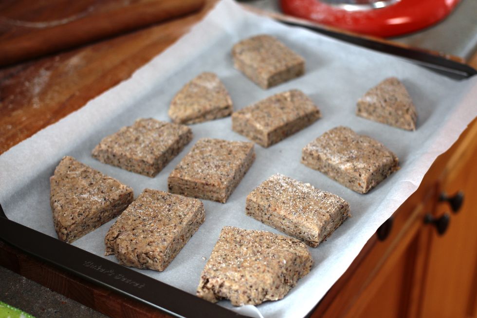 Cut into whatever shapes you desire (I was lazy and went with rectangles), and place onto a baking sheet lined with parchment paper. Bake for 15 minutes, or until golden.