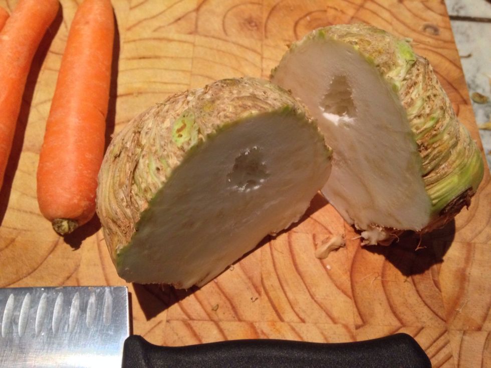 Cut it in half. One half, peel and cut into batons for baked fries. The other half leave unpeeled and cut into large cubes.