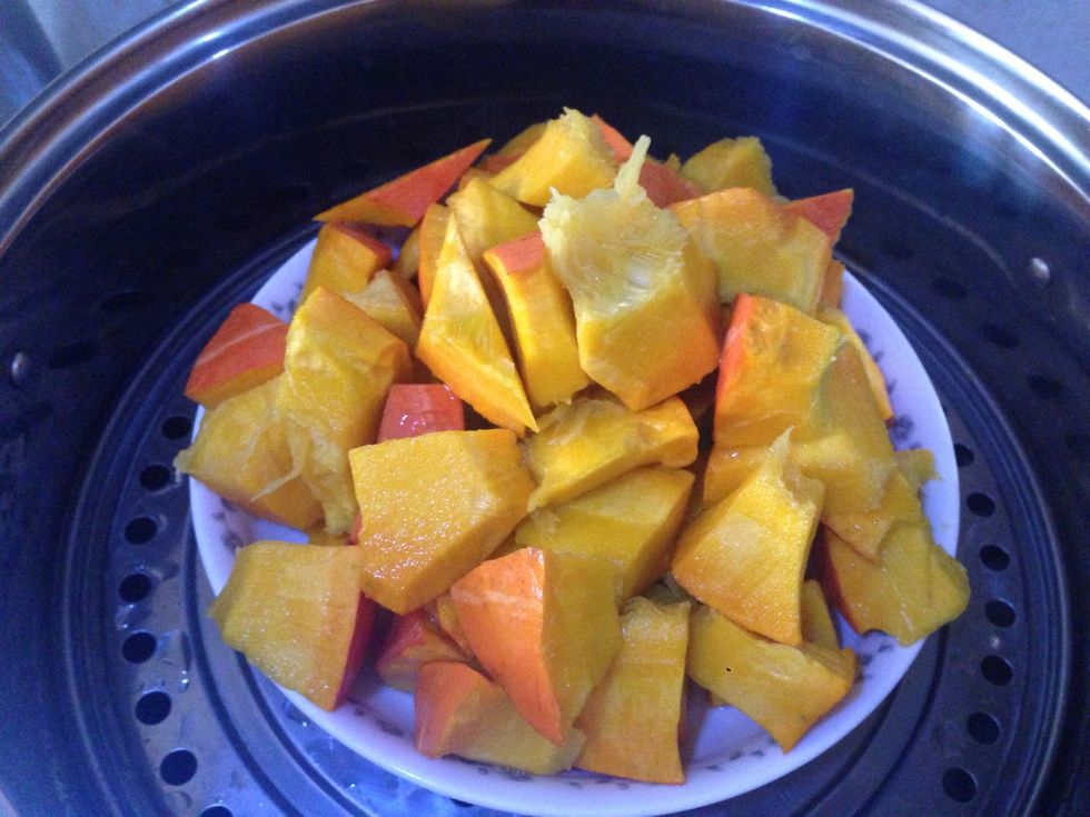 Cut it into small pieces to save time and energy^. You can skip it if you are too lazy. Steam it for 10 minutes or till the meat is tender. Test it with a fork. Don't boil it.