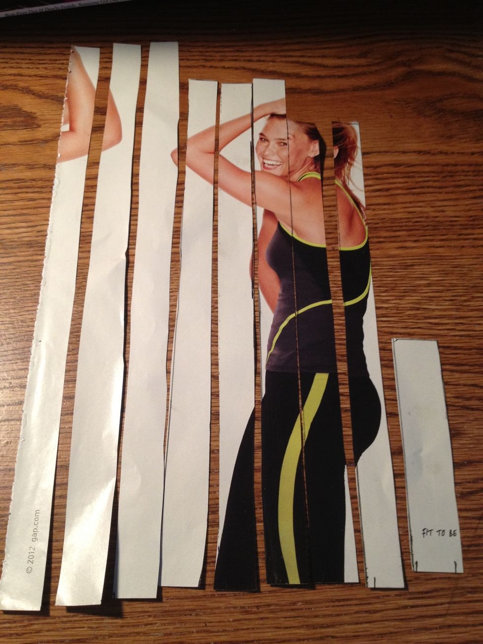 Cut it into strips like this. They don't have to be exact. If ones a little wider than the rest, it's alright.