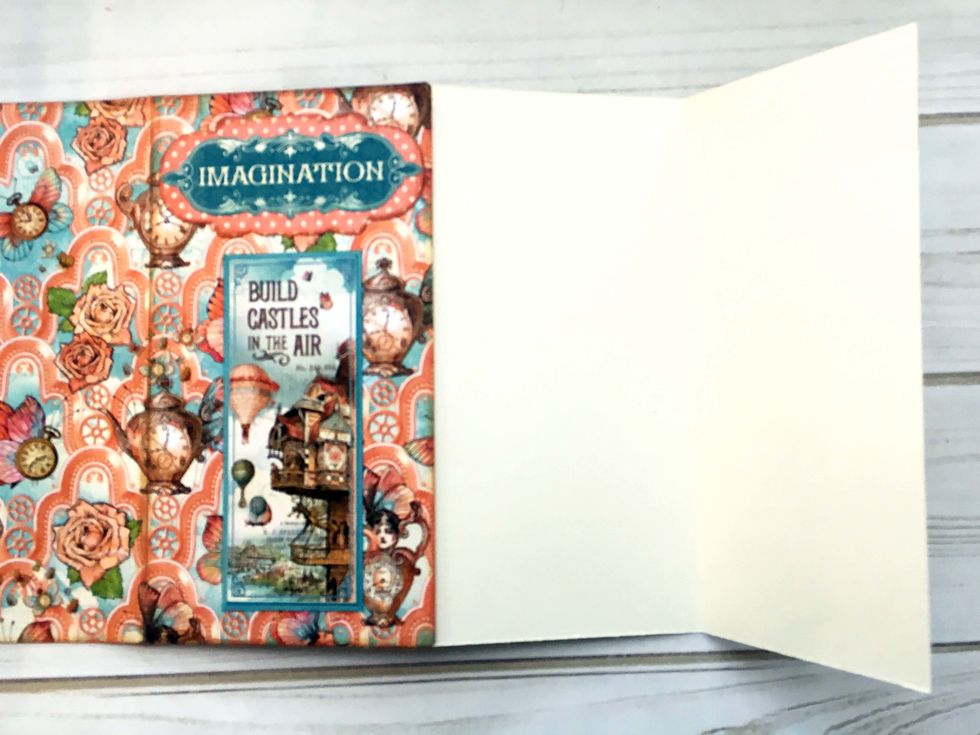 Cut ivory cardstock to 12" x 8"  & score at 4" & 8".  Accordion fold the page & glue the flap to the back side of the signature cover. (See next page.)