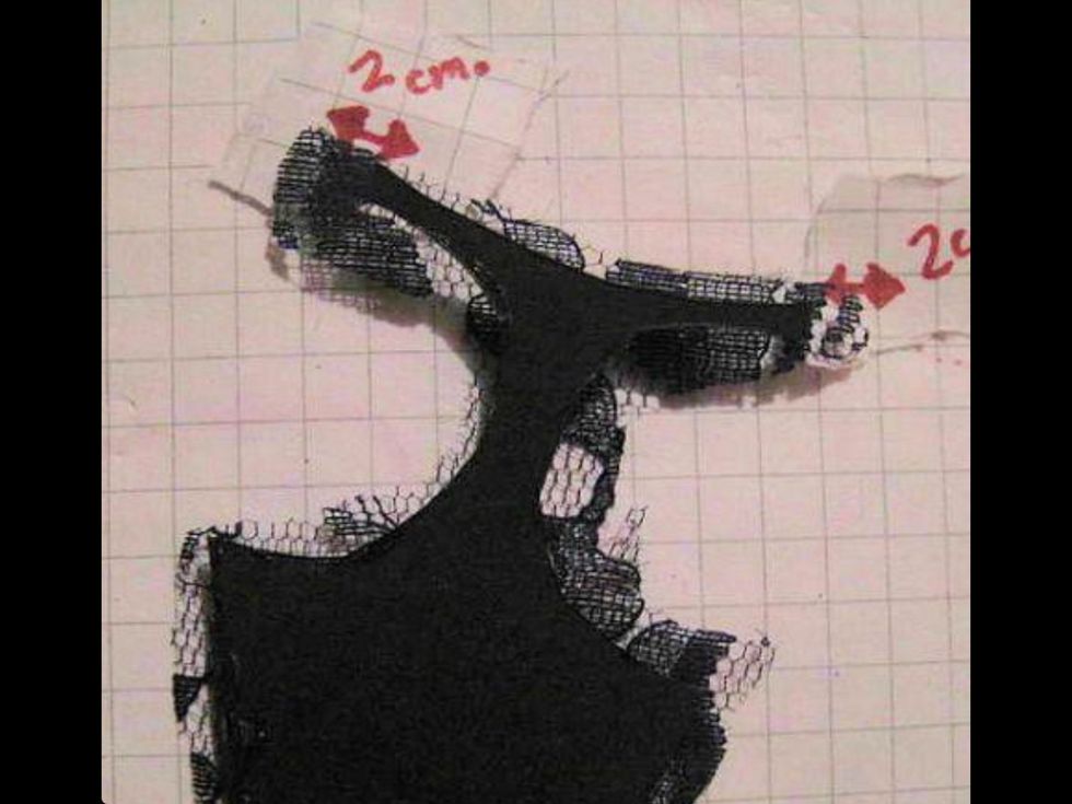 Cut lace to guide leaving 2cm seam allowance around edges and pin to top