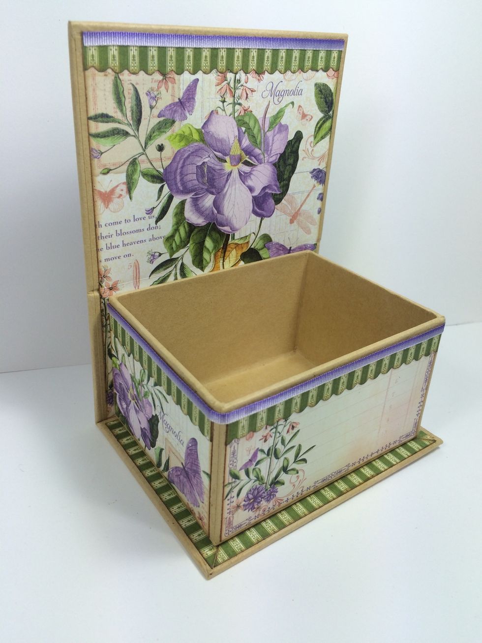 Cut lengths of thin ribbon to match your box's front and sides, and across the top. I used 1/8" lavender from May Arts. Adhere with fabric glue (like Fabri-Tac).