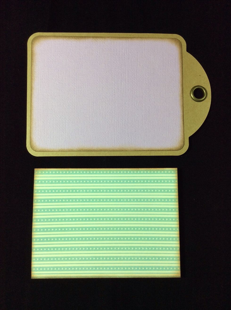 Cut mat (b) 3 1/4 x 4 3/8 from patterned paper. Ink edges and adhere to cars stock side of base tag .