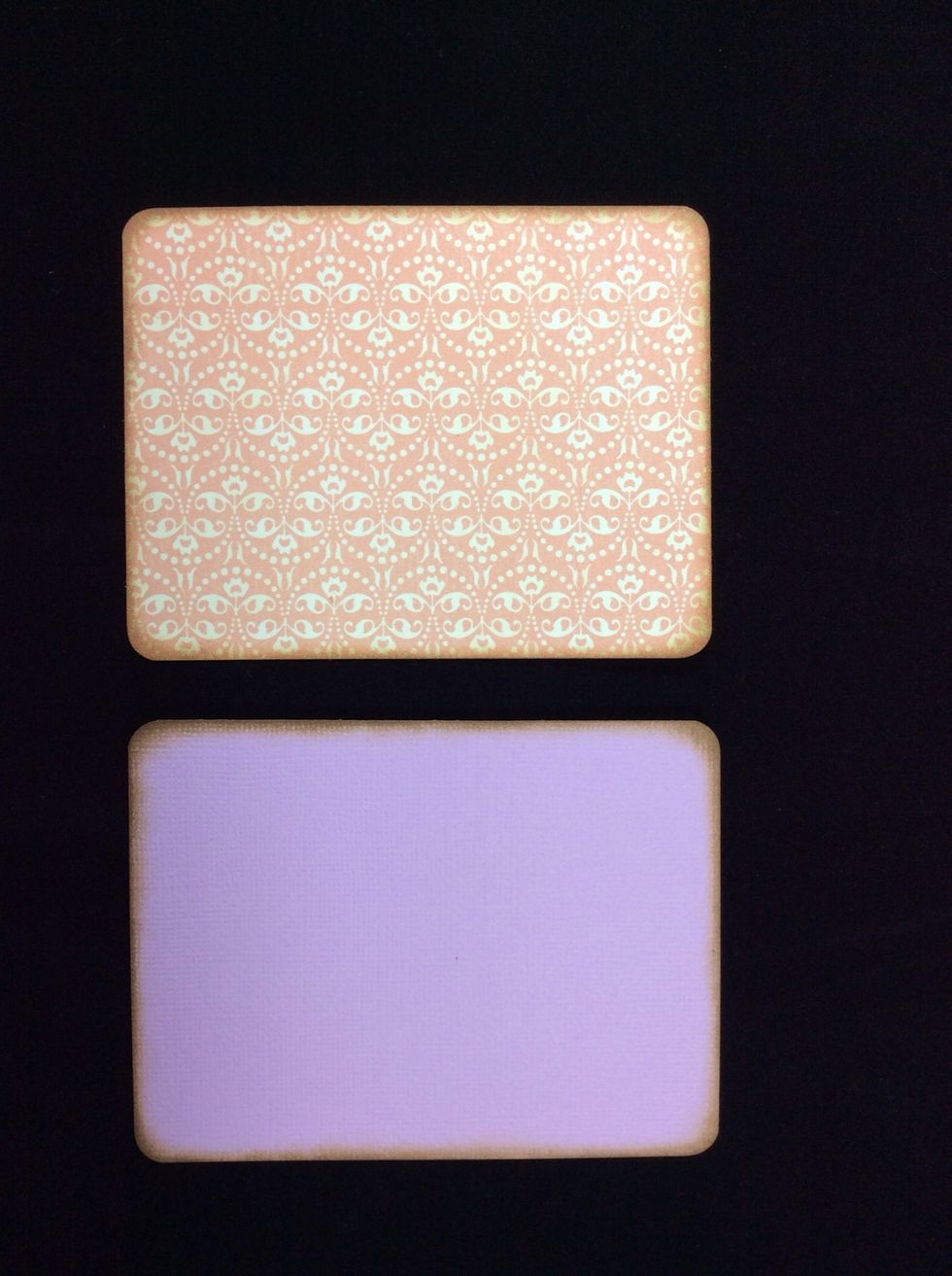 Cut mats (a) at 3 5/8 x 4 3/4 inches one each from patterned paper and card stock. Corner round all corners. Then ink around edges.