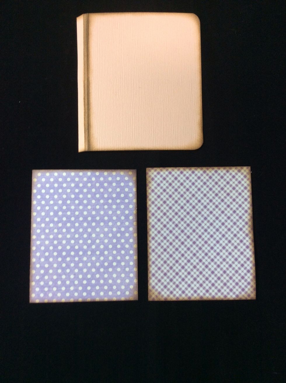 Cut mats (c) 2 5/8 x 3 1/4 from coordinating patterned papers. Ink edges and adhere to both sides of the hinge cover.