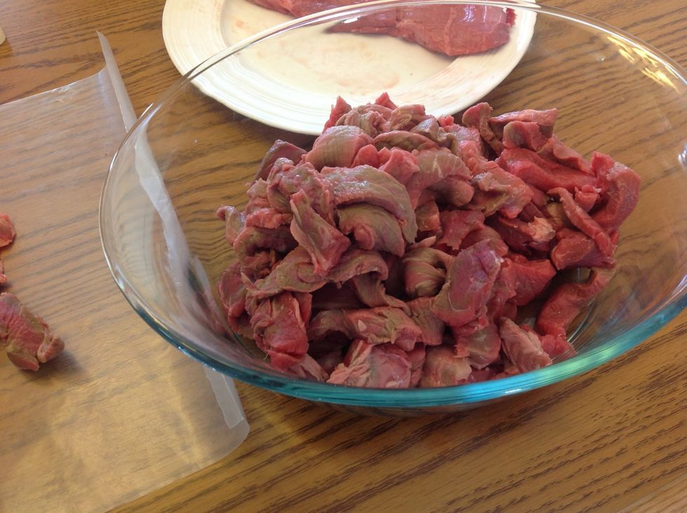 Cut meat into small strips and cut out fat