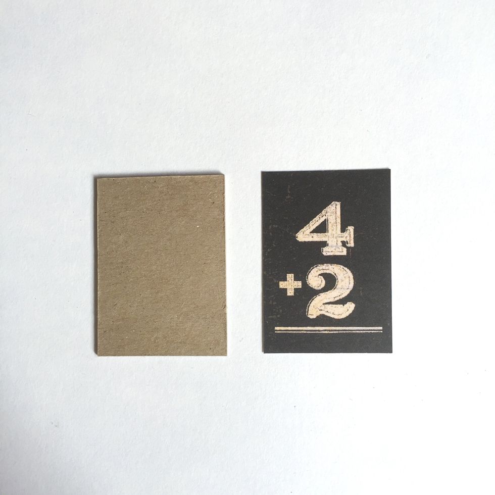 Cut medium weight chipboard of size 2.25" X 1.625"... Trim the numbers placards from One Two, Buckle My Shoe paper of ABC Primer collection... Trim accordingly to fit when necessary...