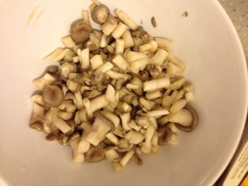Cut mushrooms to bite sized pieces and add to soup with chicken once herbs have infused