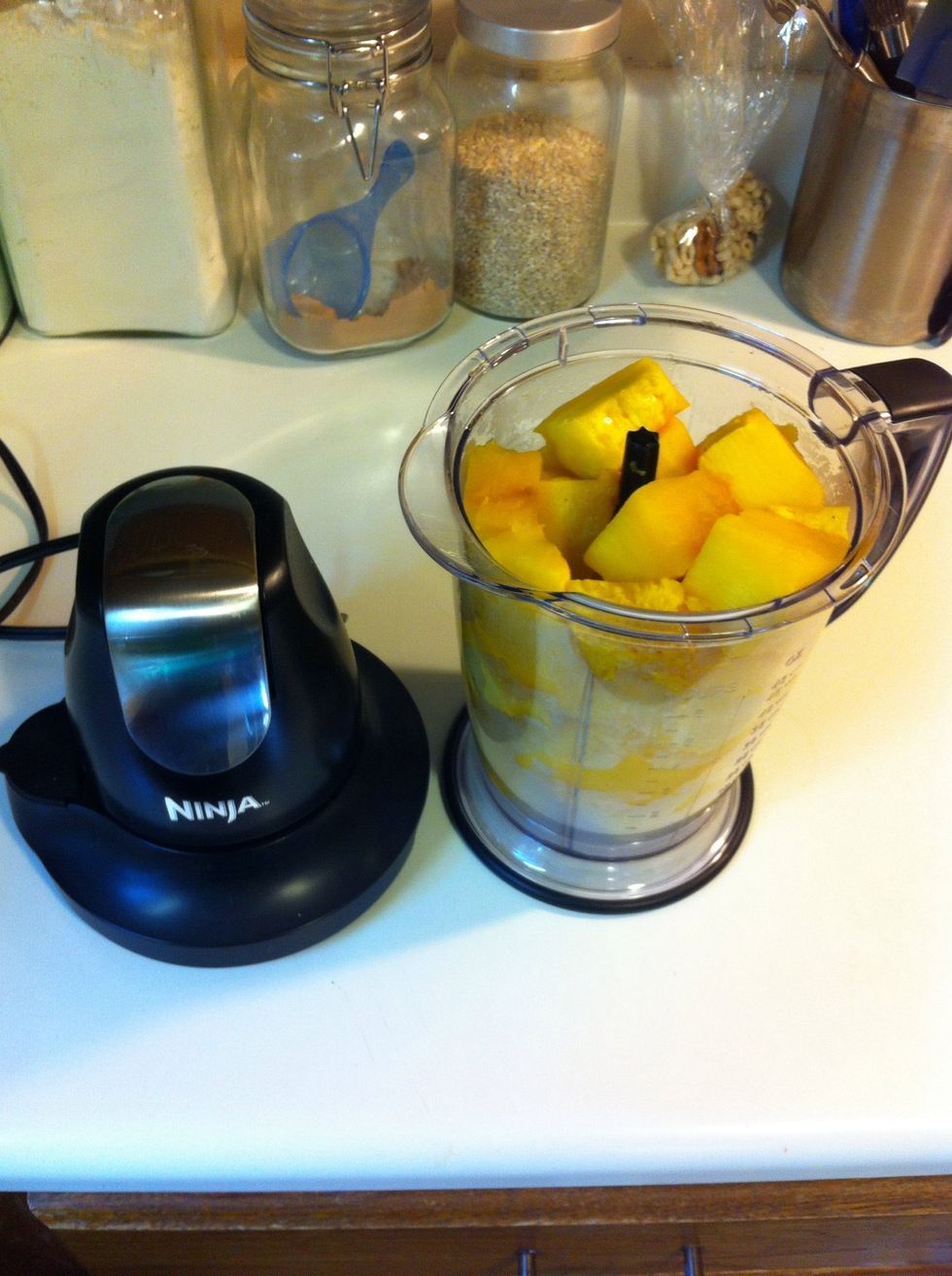 Cut off and discard the pumpkin's skin and chop the meat up into manageable pieces. Using your favorite food processor, pur\u00e9e the pumpkin meat. *its ok to wait until the pumpkin has cooled to do this.