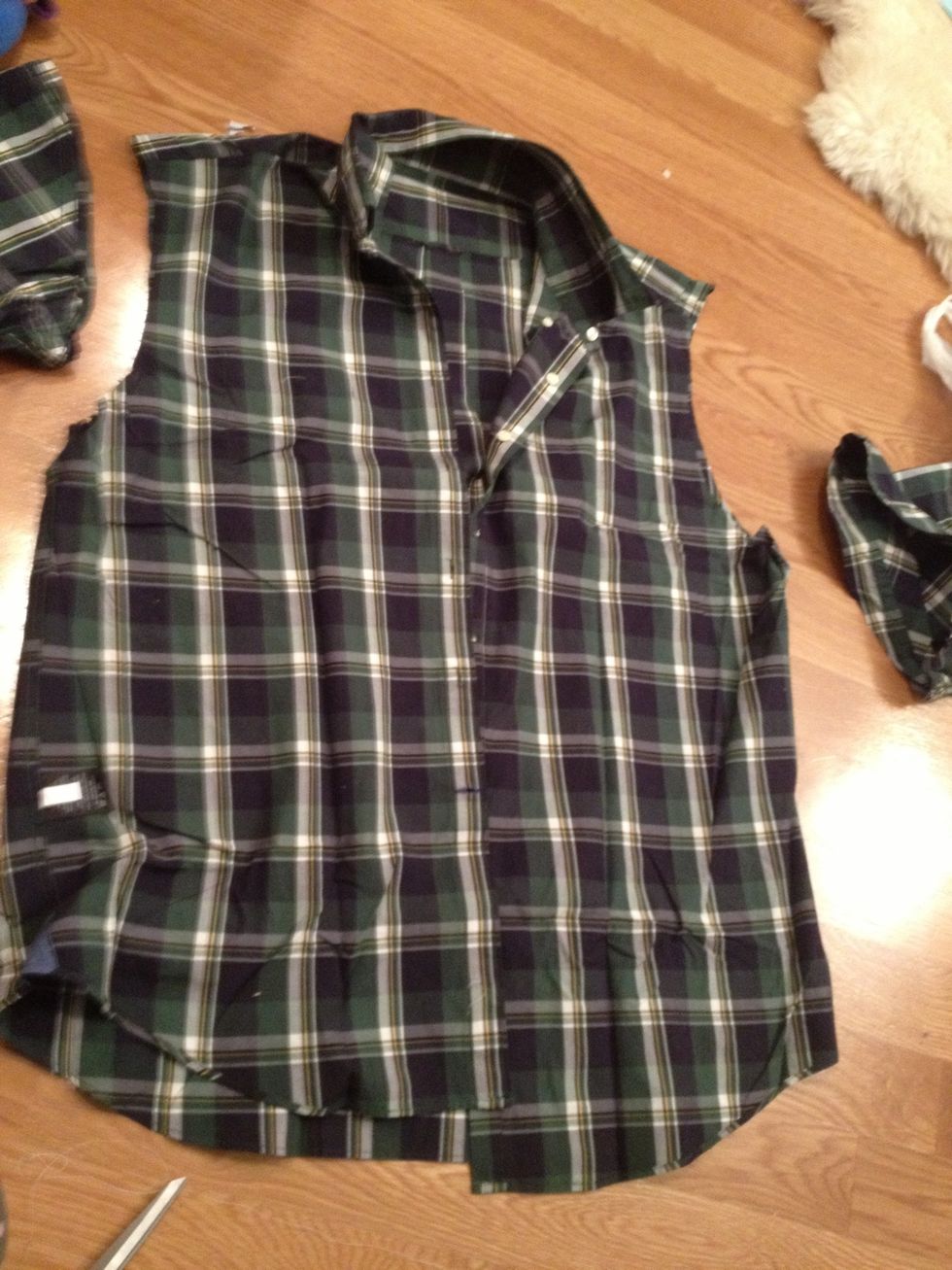 Cut off sleeves close to seam. Be sure to save the sleeves for later!