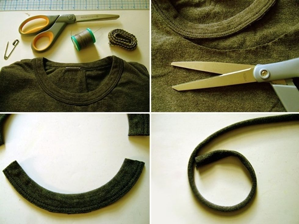 Cut off the neckline and the piece which will become the necklace. It is usually surged and will not unravel. Then cut a long 1 inch wide strip \u201calong the grain\u201d.