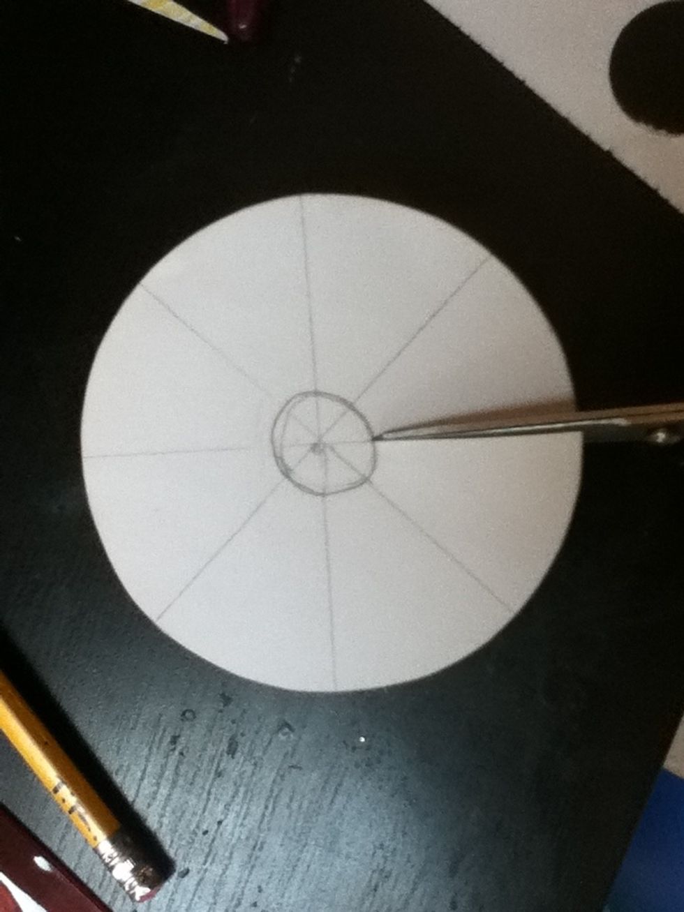 Cut on your lines, but only until you meet the rim of the circle. The cut should not go all of the way to your center dot.