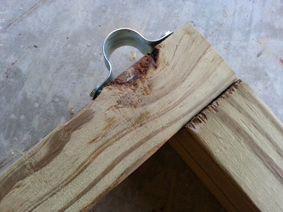 Cut one 8' 2x4 into two 4' 2x4s. Assemble wood pieces into 8x4' floor base using screws & drill. Attach 5 metal PVC braces evenly on outside of 8' sides - 2 braces on edges, other 3 at 32" increments.