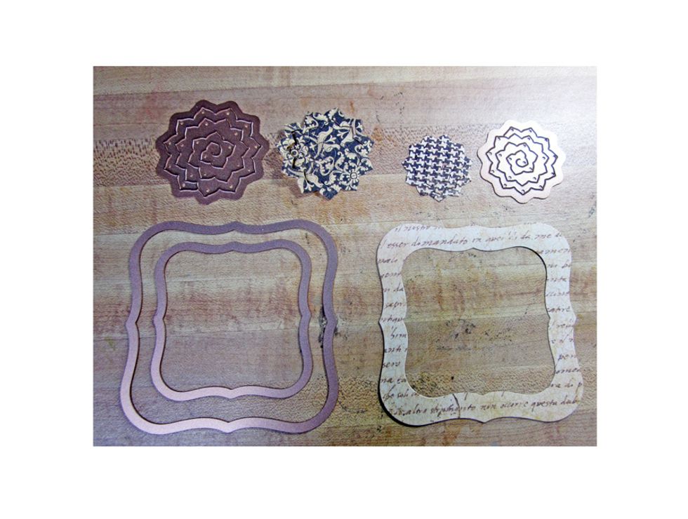 Cut out 5 -7 shapes from the Spellbinders pinecone die and then also a frame using the Labels 1 from Spellbinders. Ink the edges of your frame with the Vintage Photo Ink.