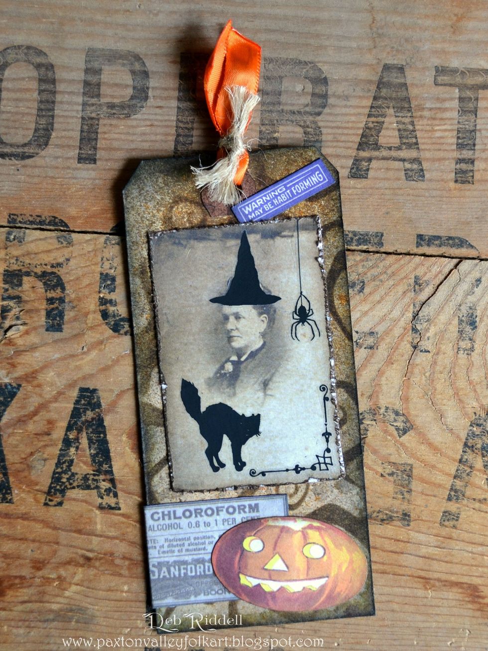 Cut out a photo from the Regions Beyond paper stash, tatter and ink the edges and adhere to the trimmed tag stenciled with the mini Twisted stencil. Add Curiosities Remnant rubs to the photo.