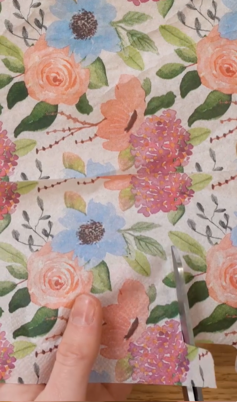 Cut out floral elements from paper napkin. Tip- make sure to remove all layers/ 1 Ply only is needed, printed top ply.