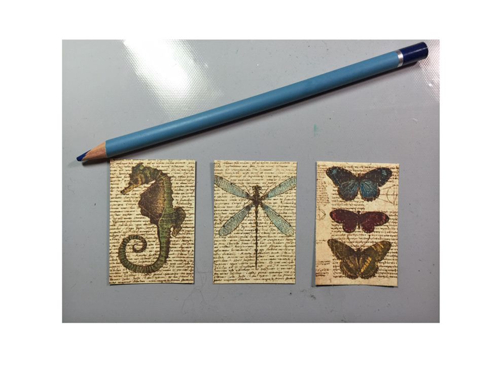 Cut out four rectangles 2 1/2 x 1 3/4.  I've colored mine with watercolor pencils to add a vintage coloring to them.
