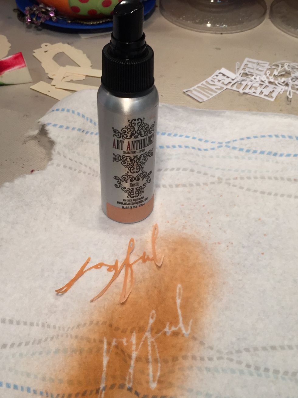 Cut out Joyful using the Sizzix Thinlits Holiday die and spray with Rustic and then Ice.  Our team theme this month is Positive Words and to me, Joyful is very positive.