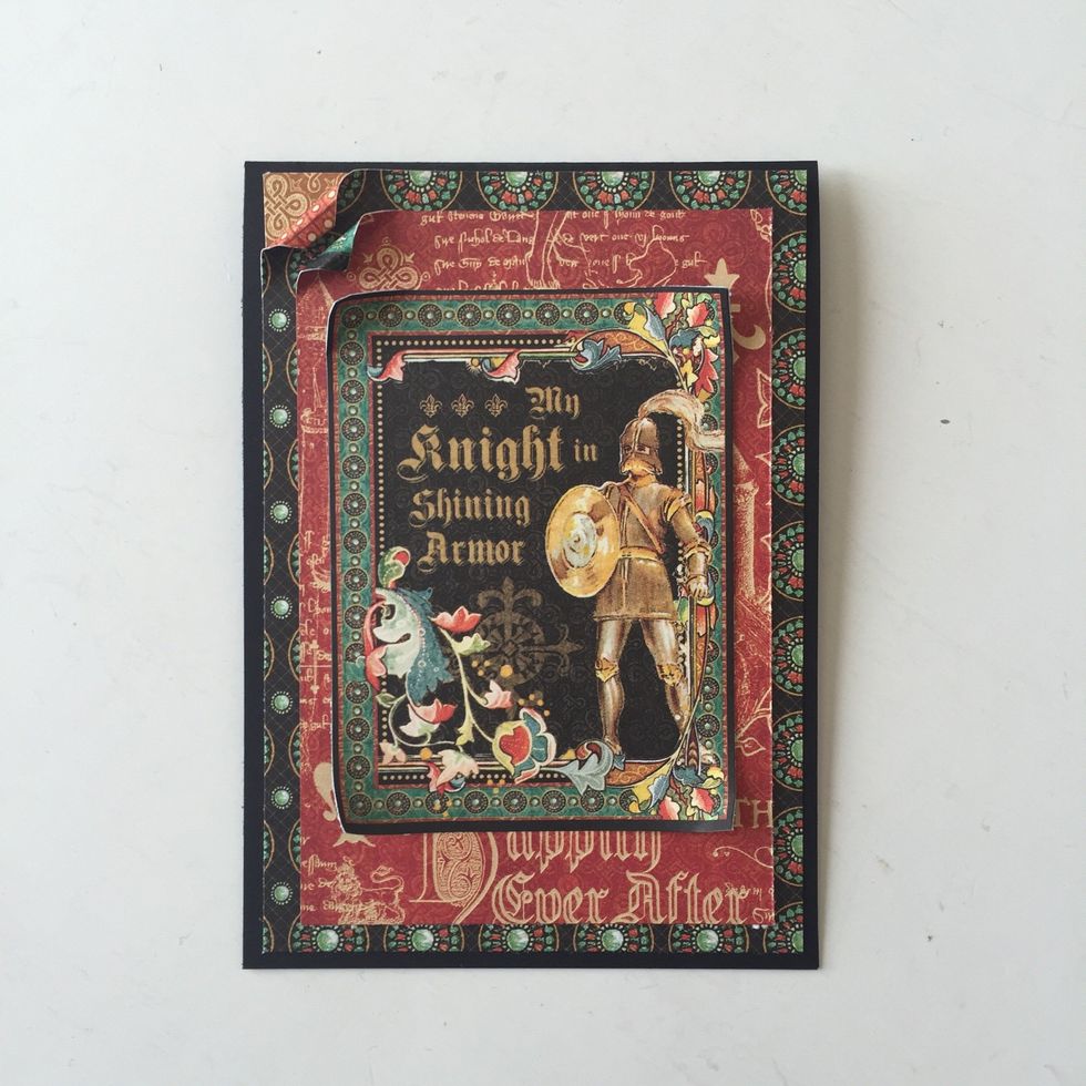 Cut out Knight in Shining Armor 3x4 cut out from Gallant Knight sheet. Later in center of card with foam adhesive. Curl all corner slightly up to create more dimension.