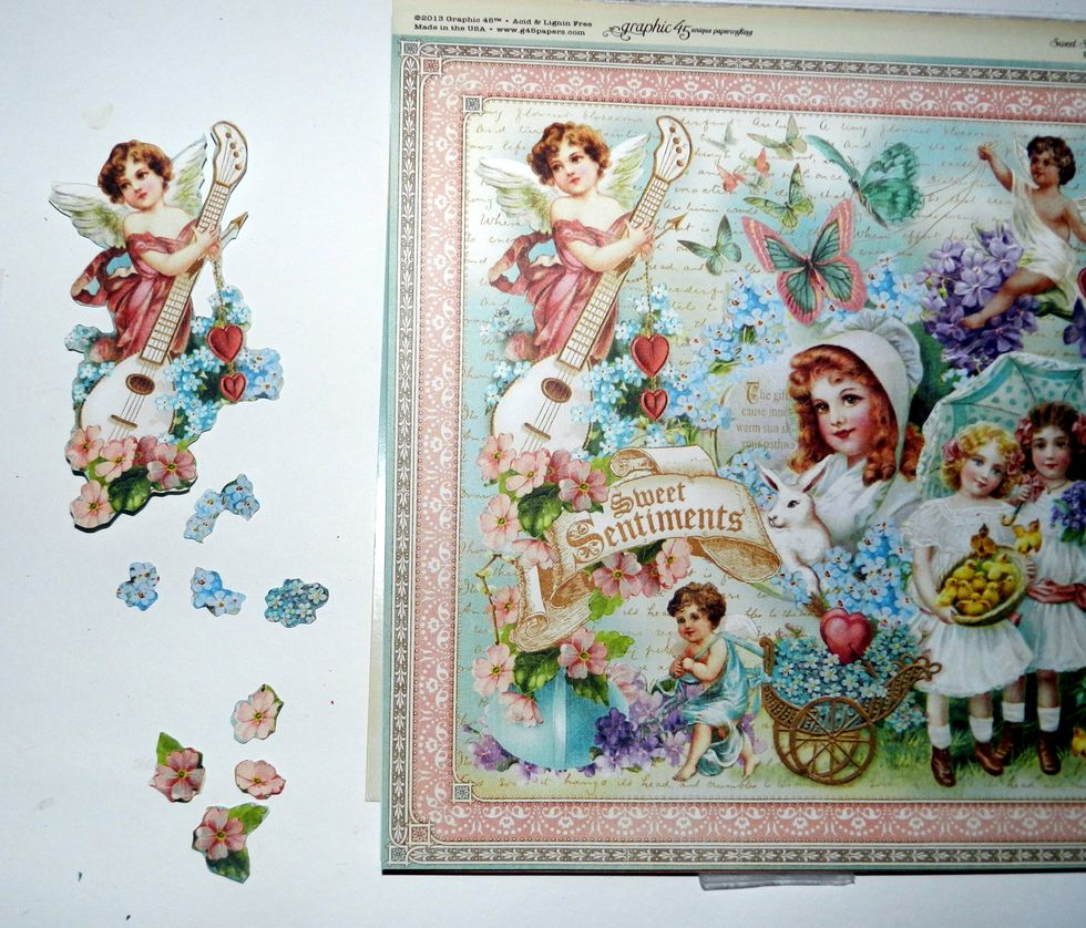 Cut out some angels, flowers and butterflies of G45 Sweet Sentiments papers.