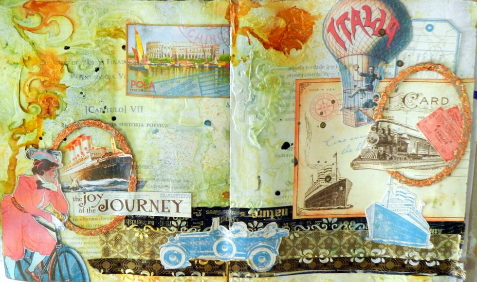 Cut out some graphics from G45 Come Away With Me and glue them on the pages