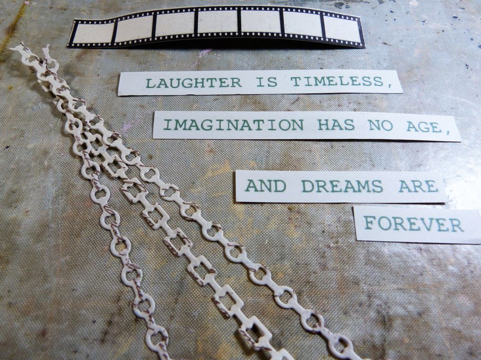 Cut out the film strip (7sections) from the pion paper. Cut the wording from the bottom of the Kaisercraft paper and cut as above into 4 sections.