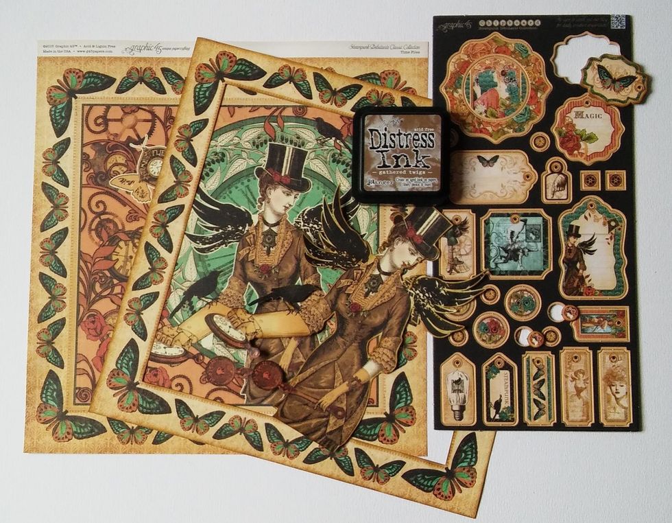 Cut out the frame inside the butterfly border. Fussy cut the steam punk lady making sure that you keep the frame intact Use 3 of the chipboard pieces and ink the edges.