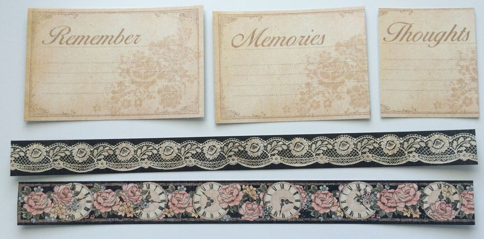 Cut out the lace border, clock border, the remember card, the memories card and the thoughts card from the Lasting Impressions paper with a paper trimmer.