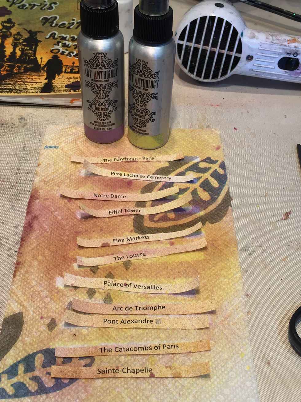 Cut out the places to visit and spray with Wild Orchid and Glorious.