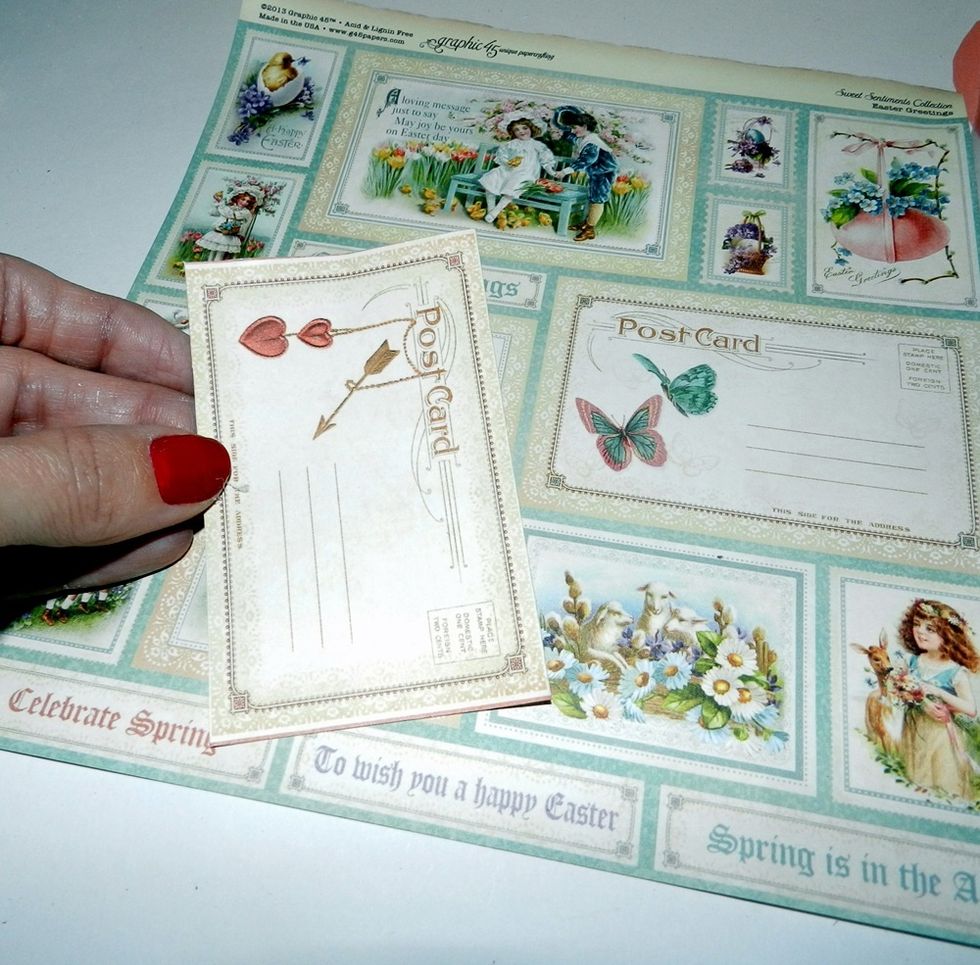 Cut out this post card from G45 paper. Glue it down on the cardboard piece.