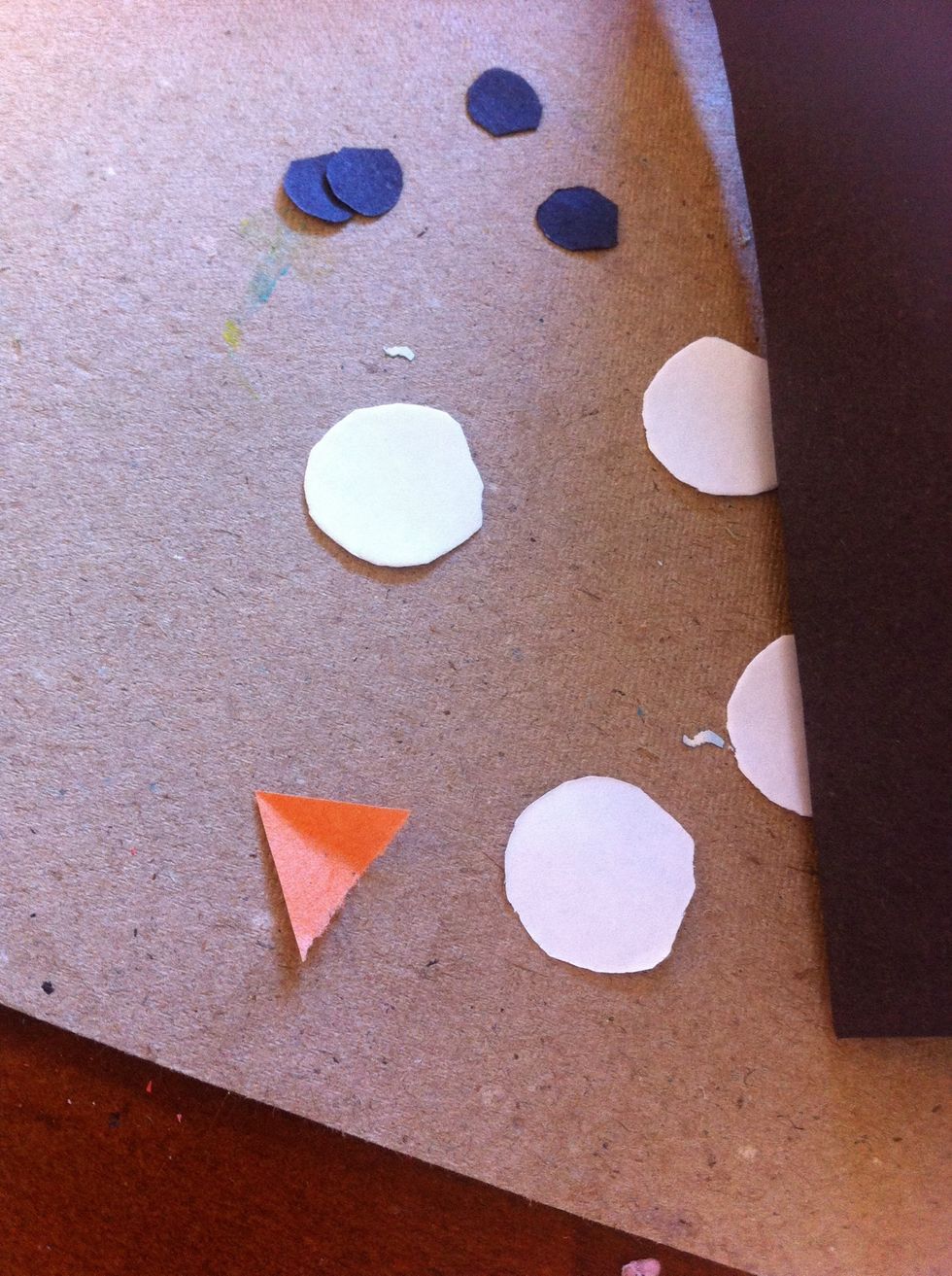 Cut out white paper for eyes and black paper for eyes aswell and then orange or whatever colour yu prefer for beak