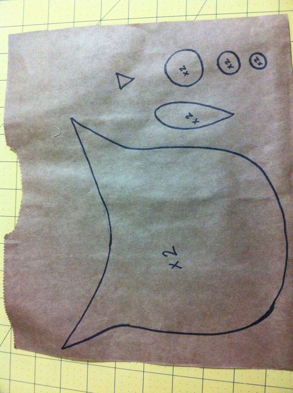 Cut out your pattern and the corresponding fabric pieces. I used 100% cotton for the body (front and back) and felt for the wings, eyes and beak.