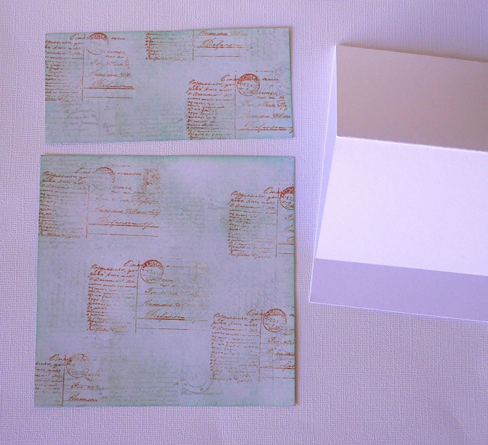 Cut paper to fit the inside of card 13.5cm x 13.5 cm and cut another 13.5cm x 6cm -for the front of card as shown in the photograph above. Randomly stamp with the stamp set and Rustic Hinge ink pad.