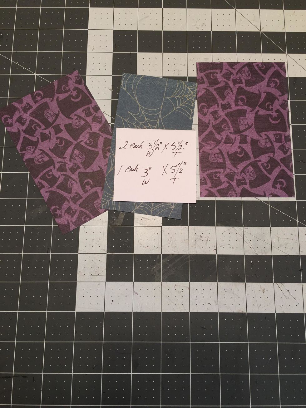 Cut patterned paper:  2 each 3.50" wide x 5.50" tall and 1 each 3" wide x 5.50" tall