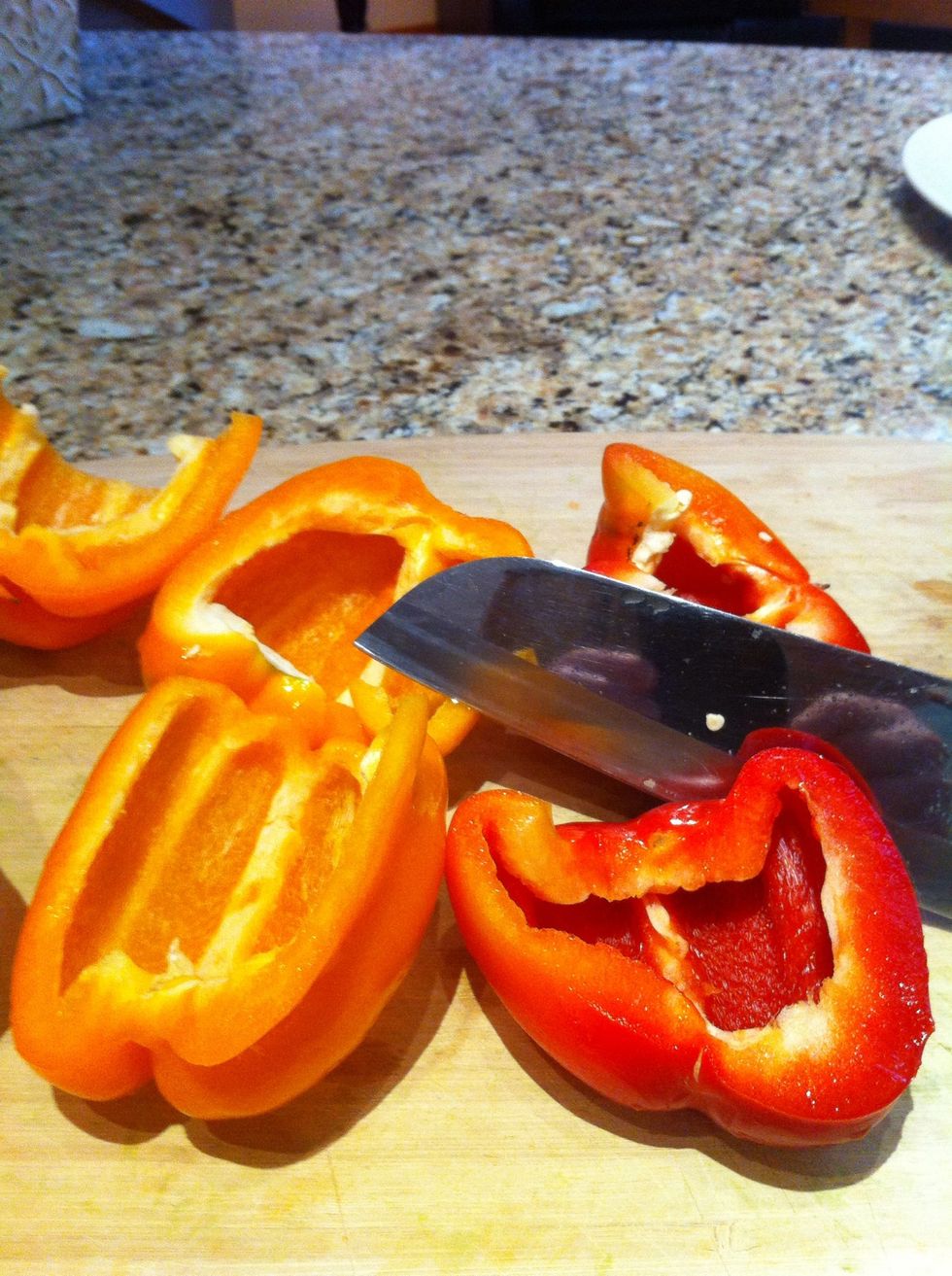 Cut peppers in half and seed.