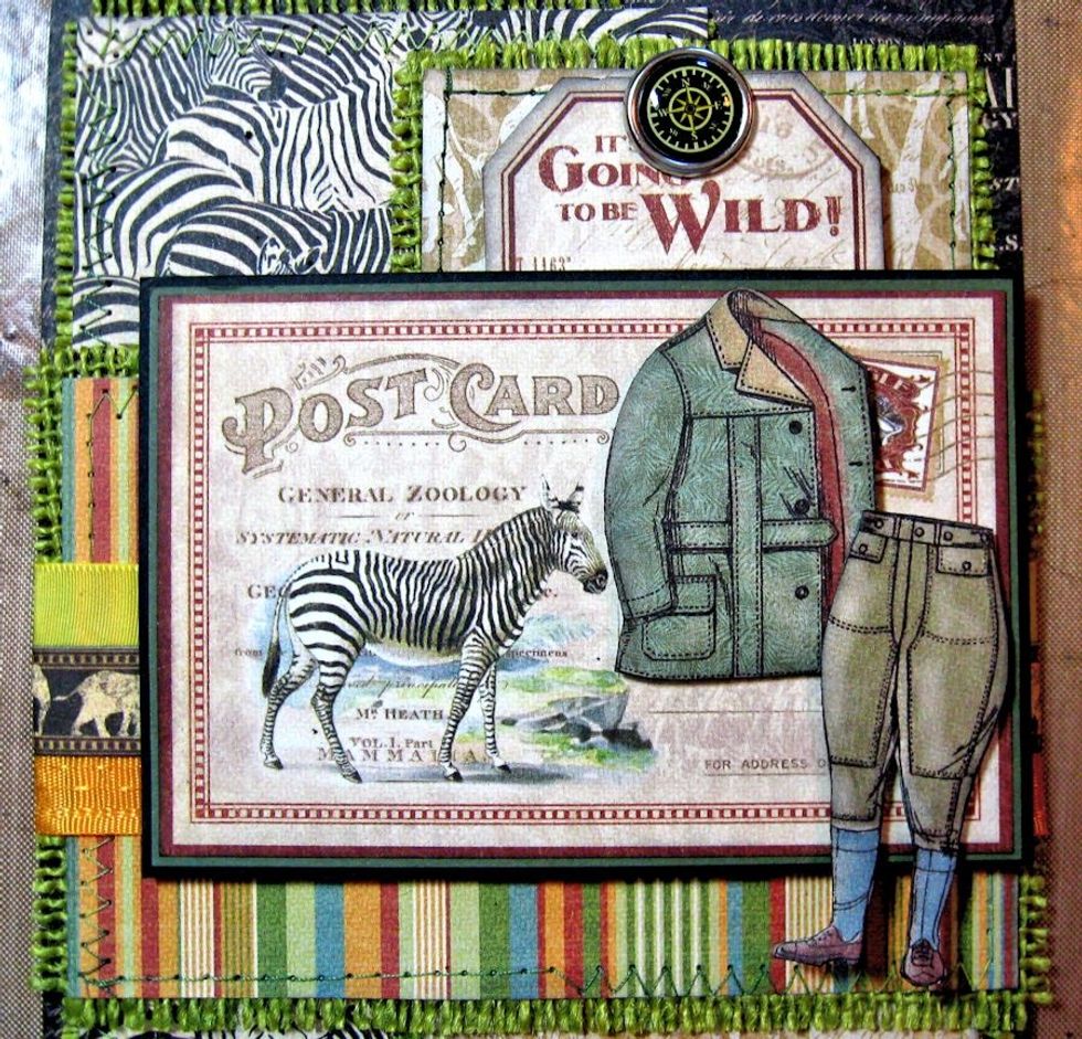 Cut post card from 8" x 8" Jungle Expedition. Mat on green and black cardstock. Fussy cut safari clothes from Serengeti Outfitters. Place on postcard as seen here.