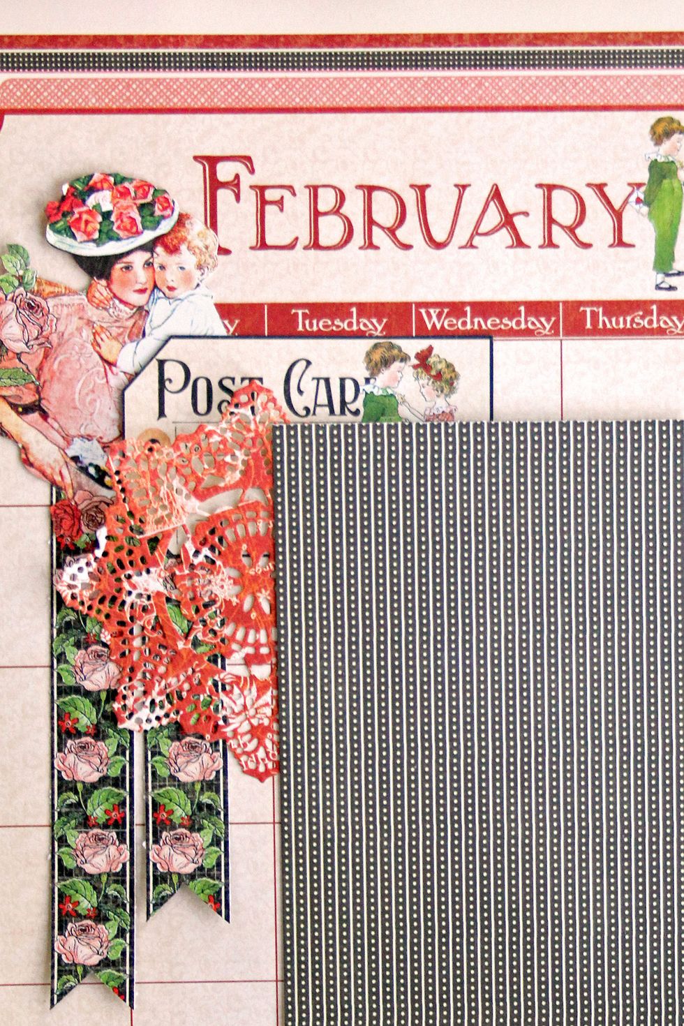Cut post card image from "February Collective", ink and adhere.  Die cut two doily shapes and place on top of embellishment cluster as shown.