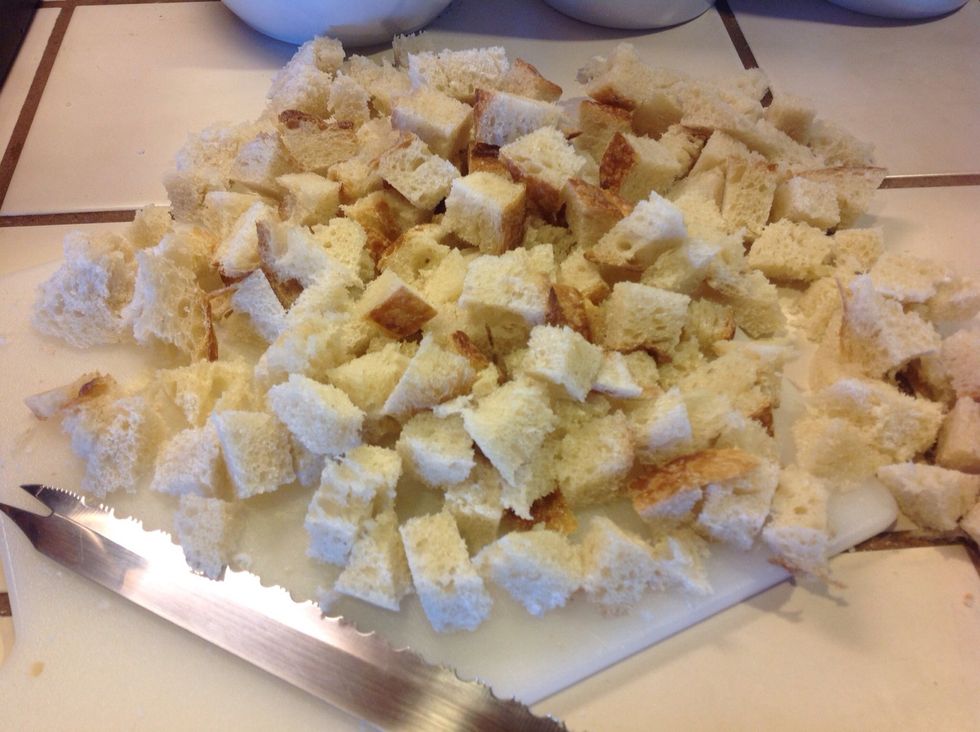 Cut preferred bread into cubes. I used sourdough, wheat and white.