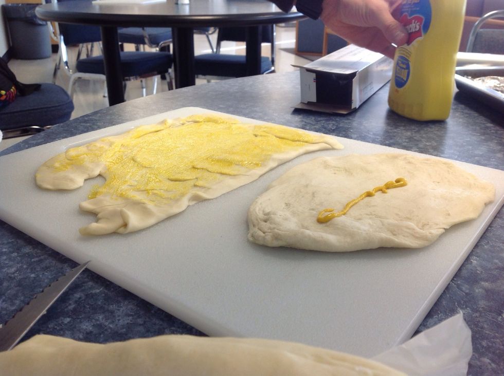 Cut puff pastry int 2 rectangles. spread 1 tablespoon mustered over 1 puff pastry.