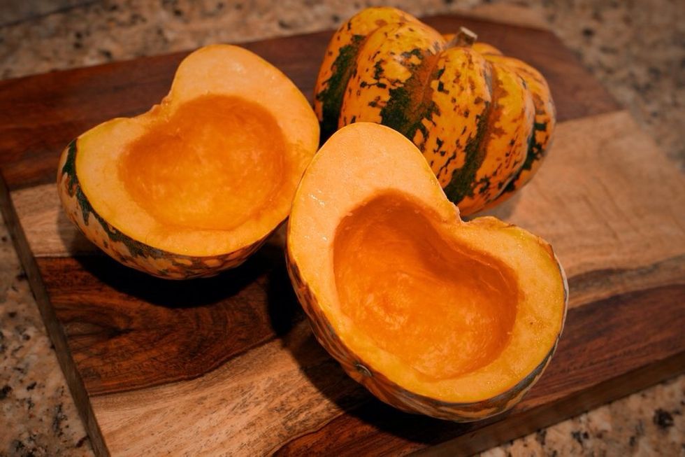 Cut pumpkins in half, de-seed, place cut side down on baking sheet, and roast in 400 degree oven for 45 minutes.