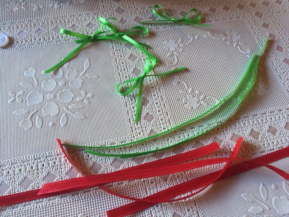 Cut ribbon for hangers. Use green ribbon to make bows for Minnie head.