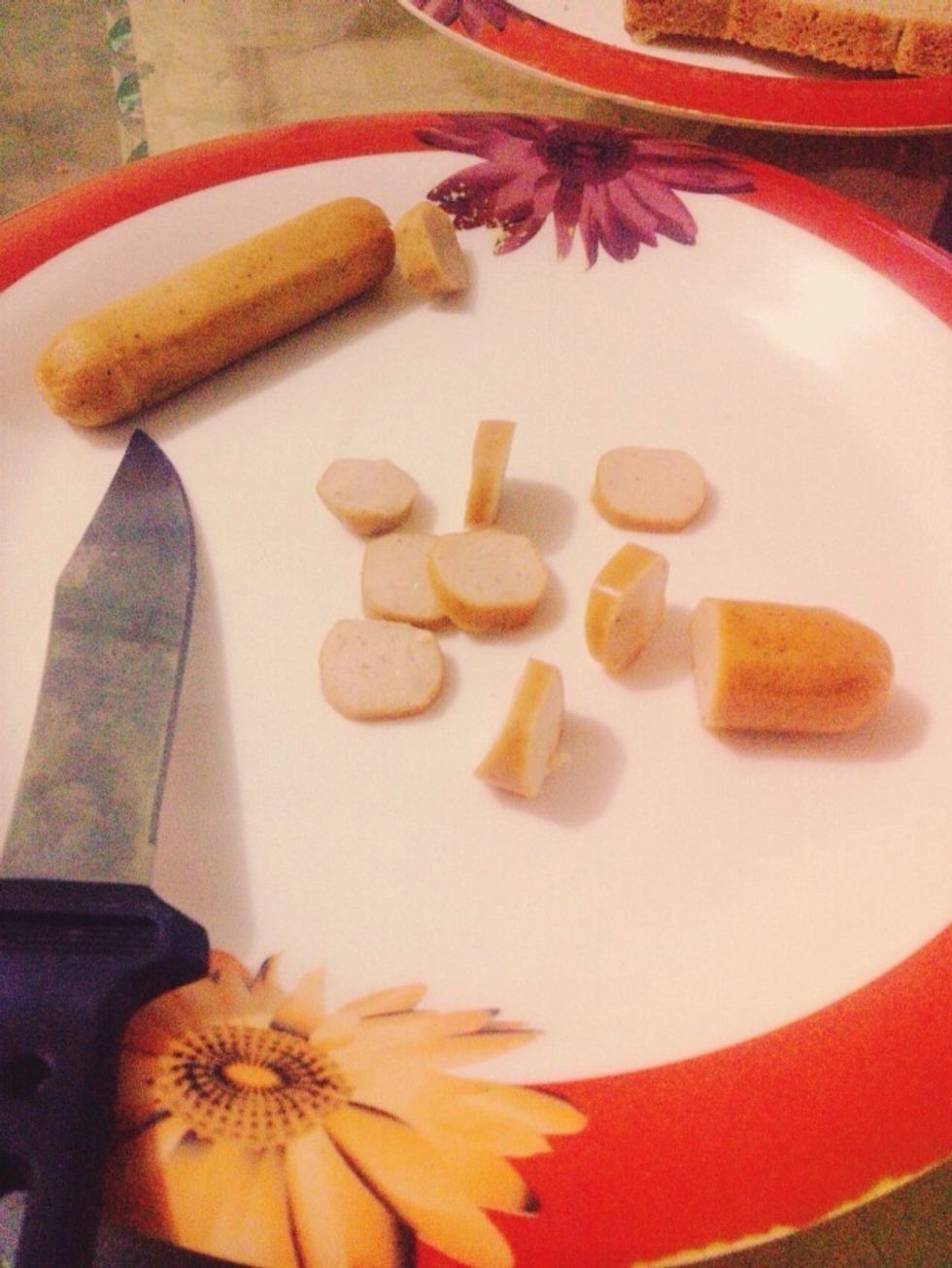 Cut sausages into thick pepperoni slices