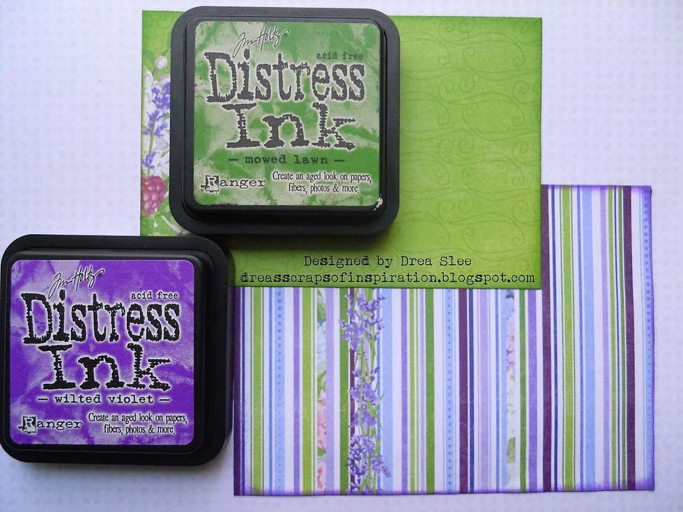 Cut Secret Garden Garland paper at 4.25"X5.75". Use blending tool to ink around edges with Wilted Violet Ink. Cut green Secret Garden Planted paper at 3.75"X5.5", and ink edges with Mowed Lawn Ink.