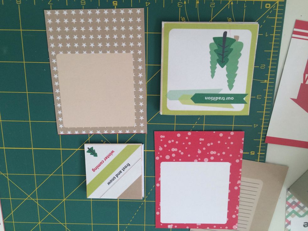 Cut six squares with 3"x3', eight with 2"x2"and ten with 3"x4" from ScrapBerry's Happy Holidays.